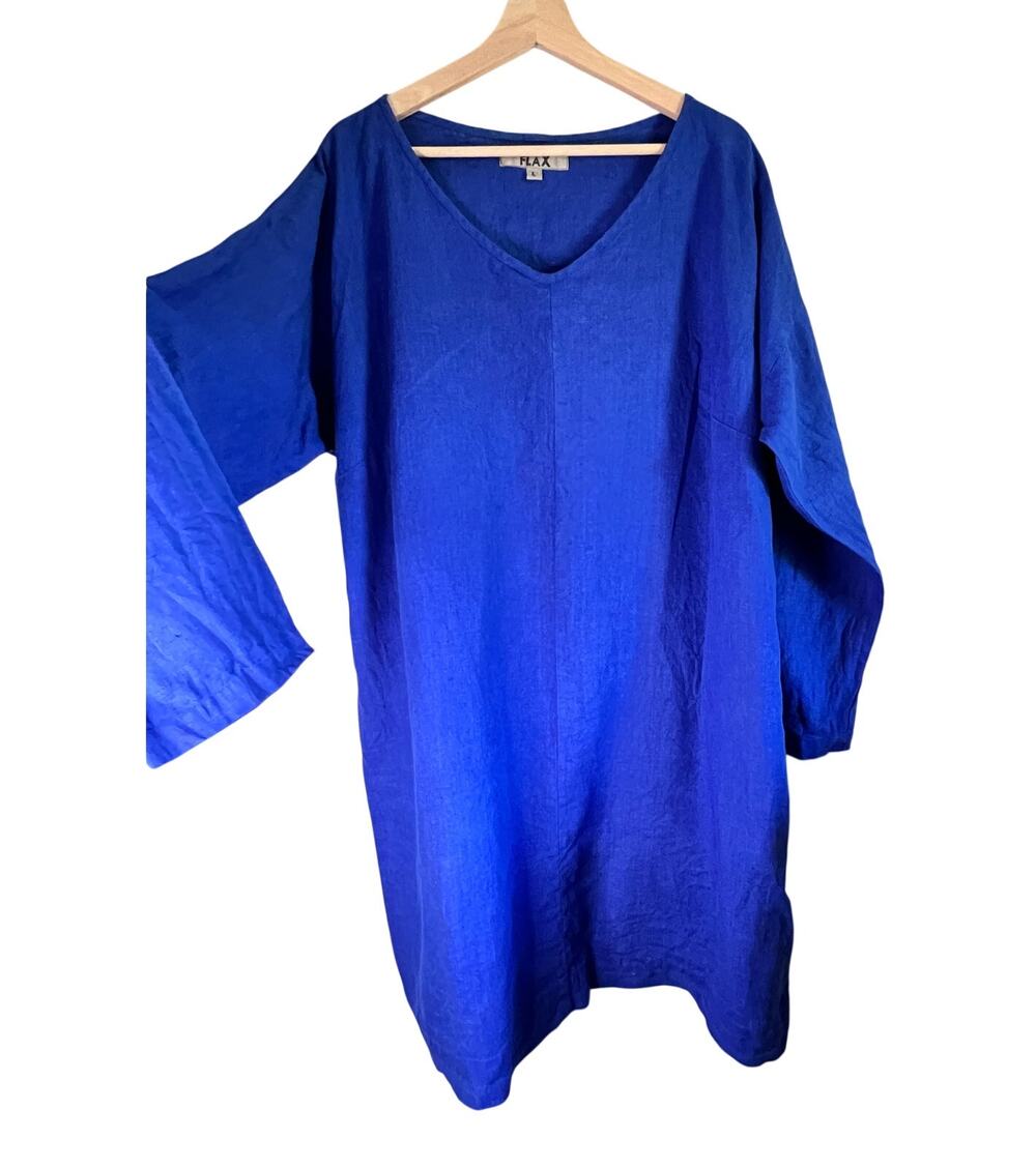 FLAX 100% Linen Dress Large (14-18) Royal Blue Lagenlook Pockets Pullover V-Neck